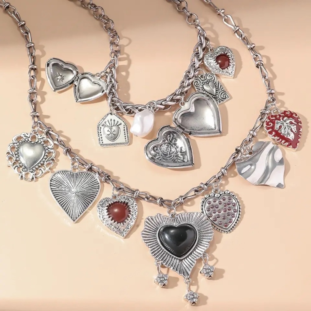 Zara 2-chains Heart Drop Charms Double Chain Necklaces Set - Picture 9 of 16